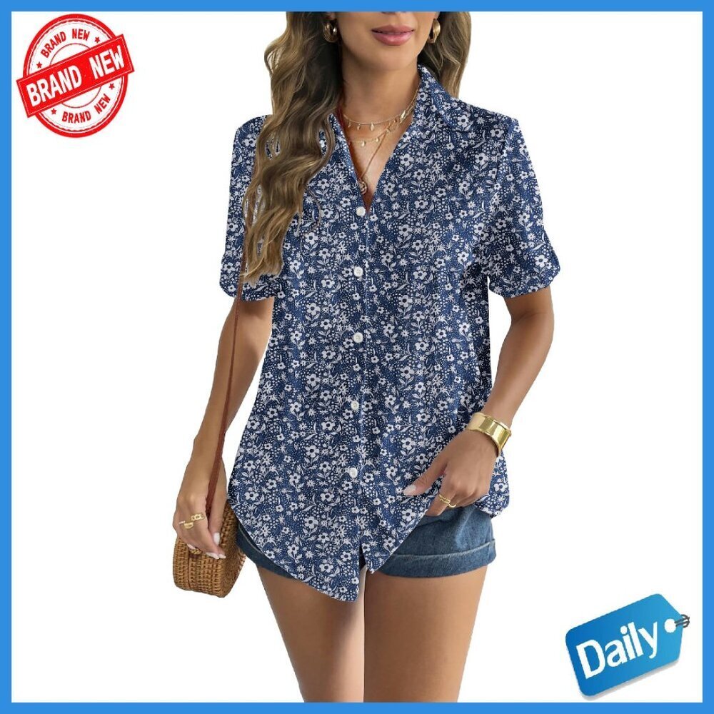 Women's Linen Button Down Shirt Short Sleeve Blouse Casual Summer Top